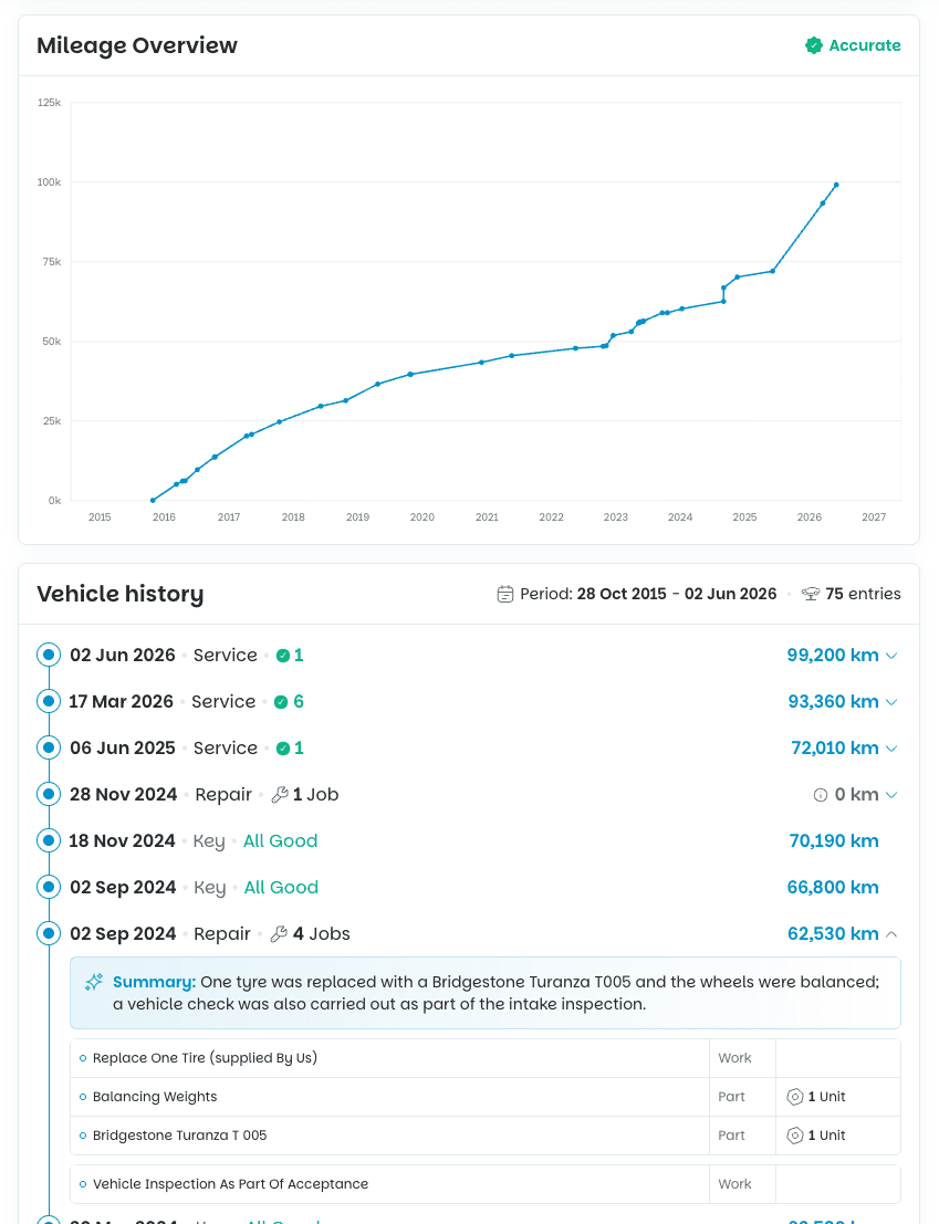 Schermata del rapporto con il grafico del chilometraggio