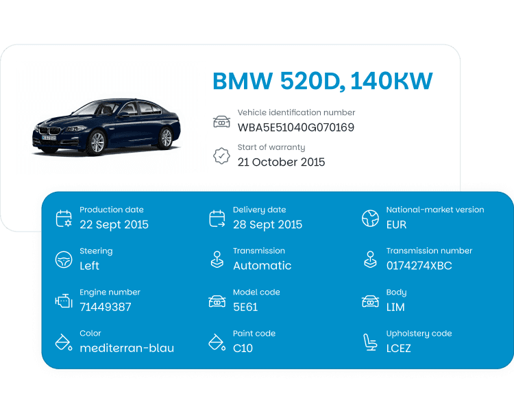 Schermata dei dati del veicolo: una BMW 520d con VIN, data di produzione, cambio, colore e altri dati di fabbrica