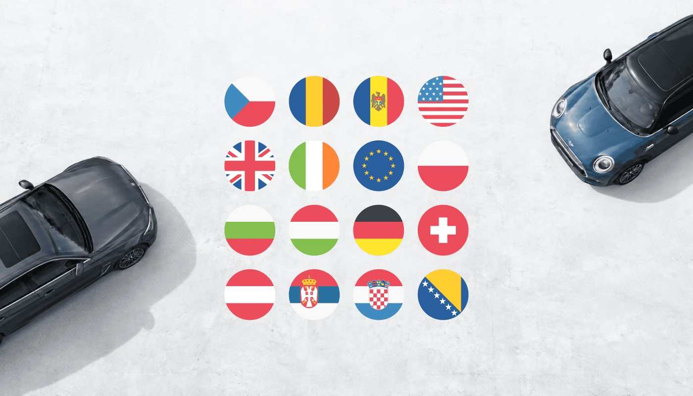 BMW and MINI vehicles beside a grid of European country flags