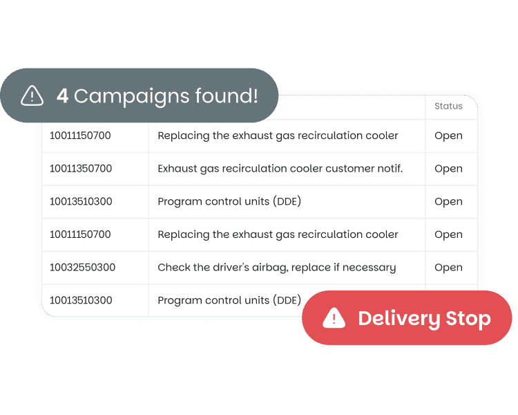 Technical campaigns screenshot: campaigns linked to the VIN, each with its status