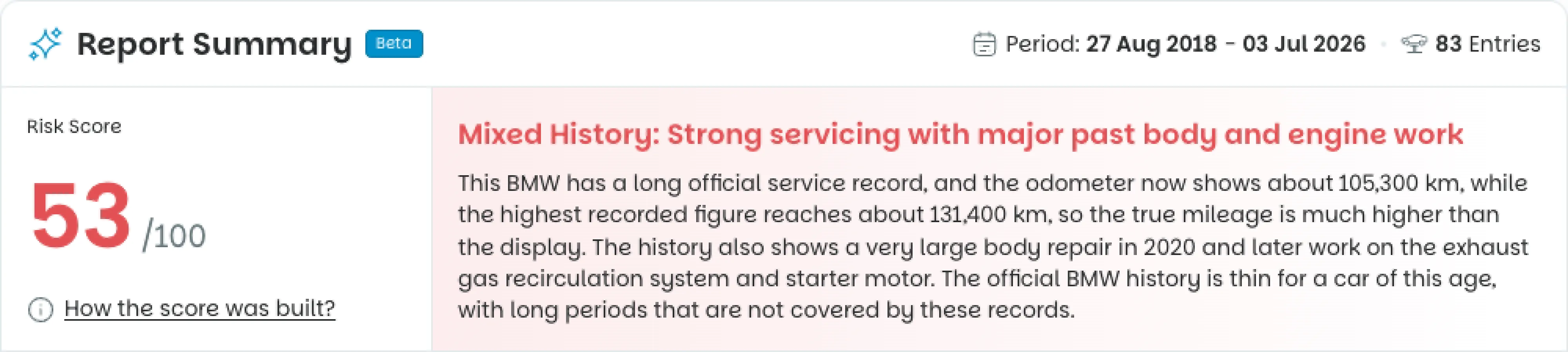 Screenshot from report that shows the condition score and overall summary