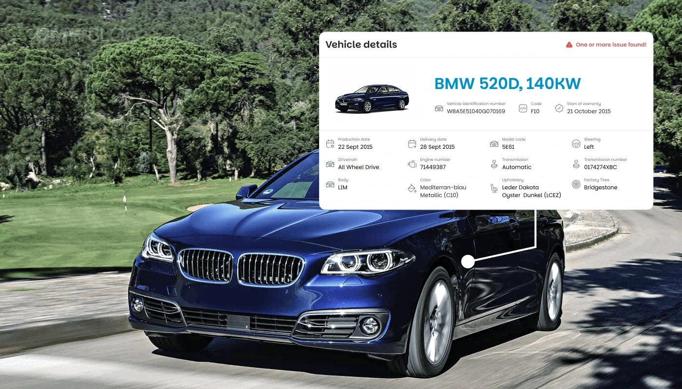 Blauer BMW 5er mit Fahrzeugdaten aus einem FIN-Bericht