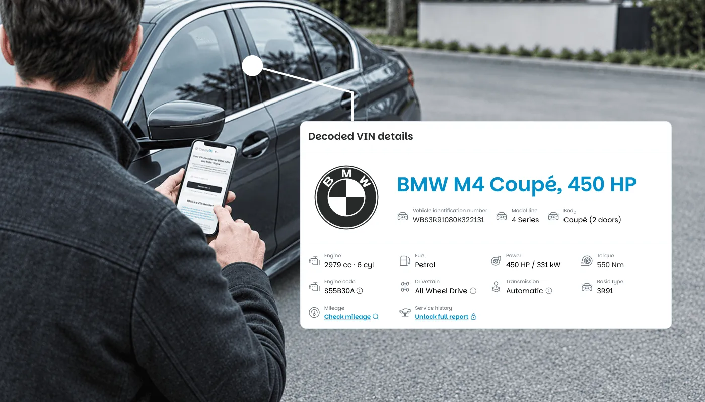 Man checking a BMW VIN report on his phone beside the vehicle