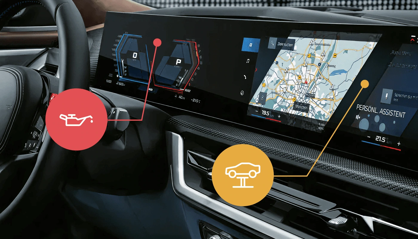 Digitální přístrojový štít BMW s varováními a kontrolkami závad