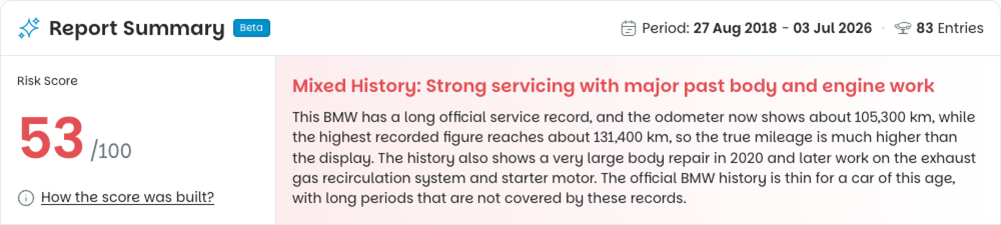 Screenshot from report that shows the condition score and overall summary