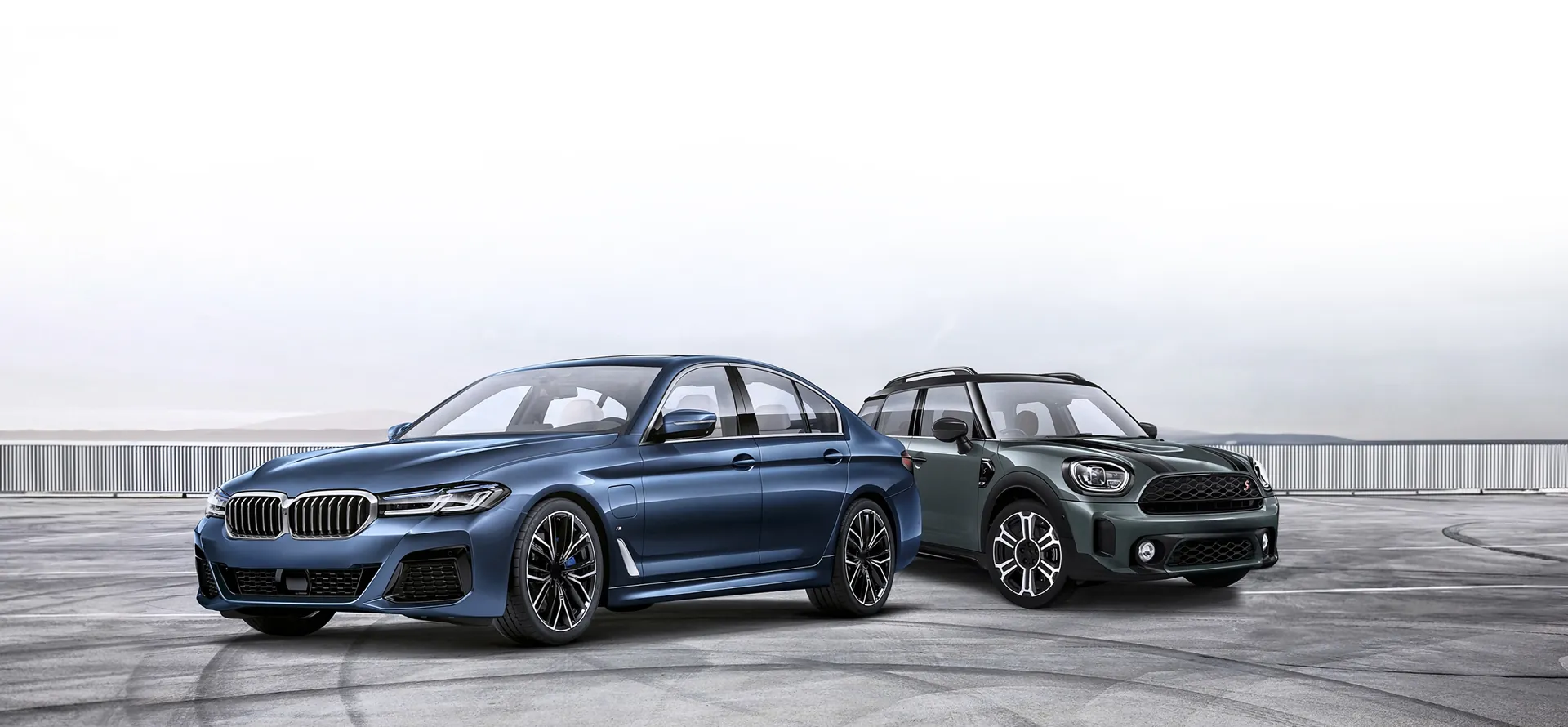 BMW 5 Series and MINI Cooper displaying digital vehicle history report overlays, including clear mileage and hidden damage detection alerts.