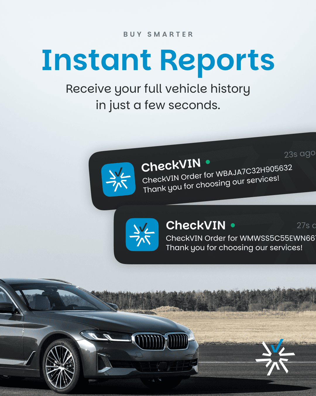 Due notifiche di ordini CheckVIN che mostrano la consegna immediata dei rapporti