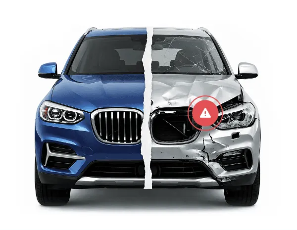 A BMW X3 split in half, illustrating a pristine condition car on the left and a heavily crashed car on the right with a damage recorded alert, showing the importance of a VIN check.